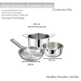 Premium Stainless Steel Tri-Ply Cookware Set (Cook Pot 20 cm, Tope 20 cm & Frypan 20 cm) WITH LID