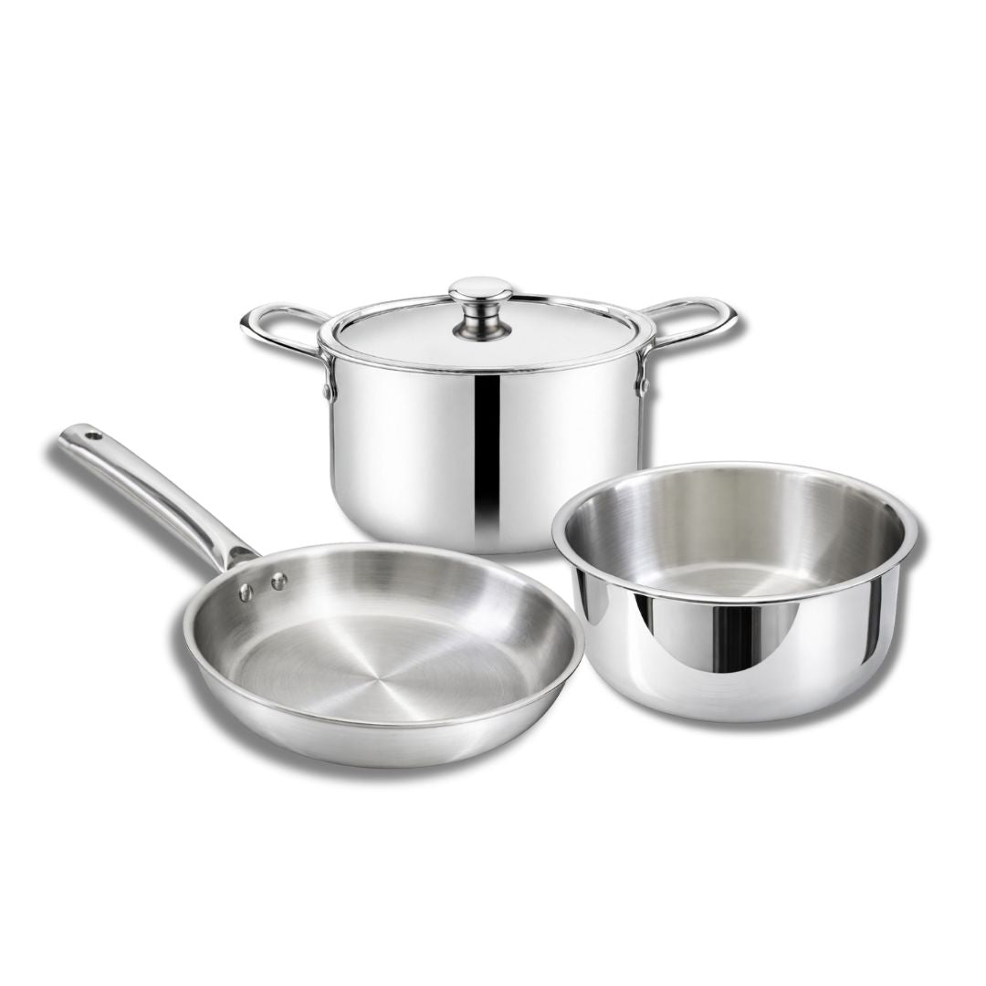 Premium Stainless Steel Tri-Ply Cookware Set (Cook Pot 16 cm, Tope 16 cm & Frypan 20 cm)WITH LID