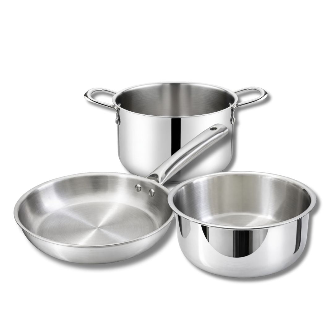 Premium Stainless Steel Tri-Ply Cookware Set (Cook Pot 18 cm, Tope 18 cm & Frypan 22 cm)