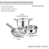 Premium Stainless Steel Tri-Ply Cookware Set (Cook Pot 16 cm, Tope 16 cm & Frypan 20 cm)WITH LID