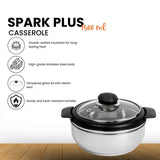 1500 ml Spark Plus Stainless Steel Casserole with Glass Lid |Hot & Fresh Food Server