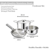 Premium Stainless Steel Tri-Ply Cookware Set (Cook Pot 18 cm, Tope 18 cm & Frypan 22 cm) WITH LID